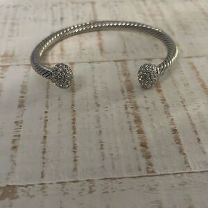 Touchstone Crystal Silver-Tone Twisted Cable Open Cuff with Crystal Ball Ends